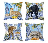 Set di 4 federe per cuscini leopardate, motivo tropicale artistico pantera agrumata estate blu morbido velluto lavabile, per soggiorno, camera da letto, loft, ufficio, auto, decorazione 30,5 x 30,5 cm