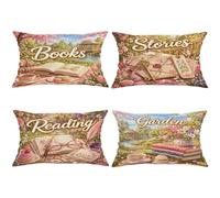 Set di 4 federe per cuscini per libri, romantiche storie vintage che leggono primavera pastello con cerniera nascosta, cuscini decorativi per soggiorno, appartamento, letto, divano, 50 x 30 cm