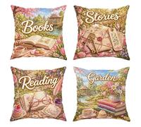 Set di 4 federe per cuscini per libri, romantiche storie vintage che leggono primaverili, in morbido velluto pastello, lavabili, per soggiorno, appartamento, letto, divano, decorazione 35,5 x 35,5 cm