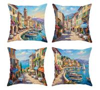 Set di 4 federe per cuscini quadrate, motivo barche a vela, edifici impressionisti mediterranei, fiori estivi, in morbido velluto, lavabili, per casa, camera da letto, soggiorno, divano, decorazione