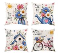 Set di 4 federe per cuscini quadrate, motivo primaverile, sole, uccello, primavera, blu, in morbido velluto, lavabili, per casa, soggiorno, camera da letto, dormitorio, divano, decorazione 55 x 55 cm