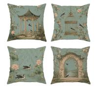 Set di 4 federe per cuscini tradizionali orientali a forma di pagoda, gabbie per uccelli, ninfee primaverili, con cerniera nascosta, per casa, camera da letto, soggiorno, divano, decorazione 30,5 x