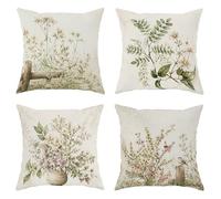 Set di 4 federe per cuscini vintage rustiche con foglie staccionate, verde primavera, in morbido velluto, lavabile, decorative, per soggiorno, letto, ufficio, divano, sedia, 35,5 x 35,5 cm