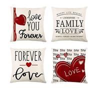 Set di 4 federe per cuscino, 50 x 50 cm, in lino, colore beige, rosso, amore, cuori e primavera