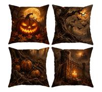 Set di 4 federe per cuscino a tema autunnale gotico di Halloween, 50 x 50 | Scena spettrale della foresta, copricuscini, atmosfera gotica, tema raccolto, decorazione per la casa autunnale