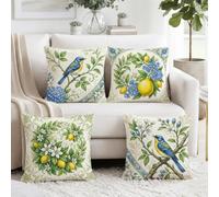 Set di 4 federe per cuscino a tema botanico con uccelli blu e limone, 35,5 | Illustrazione botanica, federa per cuscino, tema mediterraneo, ghirlanda floreale, decorazione da giardino
