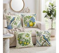 Set di 4 federe per cuscino a tema botanico con uccelli blu e limone, 45,7 | Illustrazione botanica, federa per cuscino, tema mediterraneo, ghirlanda floreale, decorazione da giardino