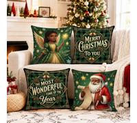 Set di 4 federe per cuscino a tema natalizio con angelo e Babbo Natale, 50