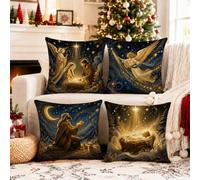 Set di 4 federe per cuscino con citazione religiosa e scena religiosa, 45,7 | Skyline stellato, federe per cuscini, motivi angelici, pastore, mangiatoia, tema spirituale, decorazione invernale per la