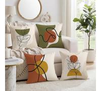 Set di 4 federe per cuscino con motivo geometrico astratto botanico con | Arte astratta, federe per cuscini, tavolozza di colori terrosi, forme geometriche moderne, illustrazioni botaniche