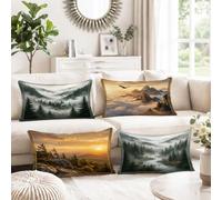 Set di 4 federe per cuscino con paesaggio di montagne e foreste, 30,5 x | Misty Pine Forest, federe per cuscini, aquila in volo, fiume avvolgente, tema rustico, paesaggio paesaggistico