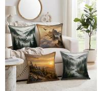 Set di 4 federe per cuscino con paesaggio di montagne e foreste, 45,7 x | Misty Pine Forest, federe per cuscini, aquila in volo, fiume avvolgente, tema rustico, paesaggio paesaggistico
