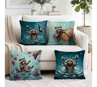 Set di 4 federe per cuscino con procione divertente per amanti del vino | Federe per cuscini a tema vino, animali del bosco, fattoria rustica, arte ad acquerello, decorazione per la casa e bar