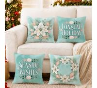 Set di 4 federe per cuscino con stella di Natale, 40,6 x 40,6 cm | Conchiglie, federe per cuscini, stella marina, corona di stella di Natale, citazione vacanza costiera