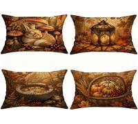 Set di 4 federe per cuscino con zucche e scene del bosco autunnale, 30,5 x | Illustrazione di coniglio addormentato, copricuscino, cestino rustico del raccolto, scena della natura del bosco