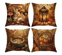 Set di 4 federe per cuscino con zucche e scene del bosco autunnale, 35,5 x | Illustrazione di coniglio addormentato, copricuscino, cestino rustico del raccolto, scena della natura del bosco