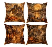 Set di 4 federe per cuscino, motivo fantasma gotico, 30,5 x 30,5 cm | Castello infestato, federe per cuscini, lago al chiaro di luna, toppe di zucche, architettura gotica