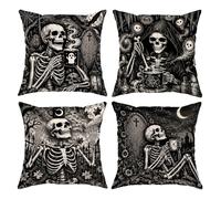 Set di 4 federe per cuscino, motivo scheletro gotico, 50 x 50 cm, per | Arte gotica, federe per cuscini, scena lapide, decorazione strega, tavolozza monocromatica, accenti stagionali per la casa