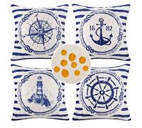 Set di 4 Federe per Cuscino Navigazione Oceano Ancora Faro Bussola Timone Modello Federe per Cuscino Vintage con Strisce Blu Federa in Cotone e Lino Impermeabile con Cerniera Invisibile,45x45cm