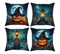 Set di 4 federe per cuscino spettrali di Halloween con cimitero infestato e | Scenario del cimitero, federe per cuscini, cappello da strega, antiche lapidi, tema raccolto autunnale, arte fantasy moody