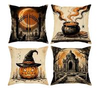 Set di 4 federe per cuscino vintage a tema Halloween Jack-o-Lantern, 40,6 x | Scena del cimitero, copricuscini, calderone gorgogliante, dimora infestata, decorazione per la casa stagionale, tema gotico
