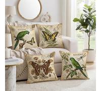 Set di 4 federe per cuscino vintage con pappagallo e farfalla, 45 x 45 cm | Arte botanica vintage, copricuscini, illustrazioni di farfalle, stampa con mappa del mondo antico, decorazione per la casa