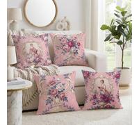 Set di 4 federe per cuscino vintage rococò con ritratto floreale e rose, 50 | Stile artistico rococò, federe per cuscini, motivi ritratti vittoriani, cornici ornamentali, composizioni floreali botaniche