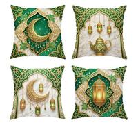 Set di 4 federe quadrate per cuscini a mezzaluna con lanterna tradizionale islamica, teiera, Eid Mubarak, verde, con cerniera nascosta, per soggiorno, camera da letto, loft, ufficio, auto, decorazione