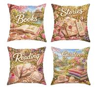 Set di 4 federe quadrate per cuscini, romantiche storie vintage che leggono primaverile, con cerniera nascosta, per casa, soggiorno, camera da letto, dormitorio, divano, decorazione 45,7 x 45,7 cm
