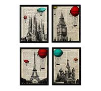 Set di 4 fogli città. Londra, Barcellona, Mosca, Parigi. A4. senza cornice