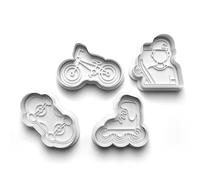 Set di 4 formine per biscotti, skateboard, BMX, pattini a rotelle, stampini per biscotti, pasta di zucchero, per bambini, fai da te