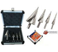 SET DI 4 FRESE CONICHE ALLARGAFORI A GRADINO IN ACCIAIO 3-12 4-12 4-20 4-42 mm