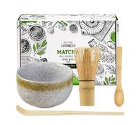 Set di 4 fruste giapponesi per tè matcha con 100 fruste, paletta tradizionale, cucchiaino da tè e ciotola in ceramica, accessorio per la cerimonia del tè per il matcha