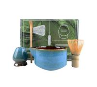 Set di 4 fruste Matcha, elegante set da tè giapponese Matcha include ciotola in ceramica da 500 ml, frusta in bambù, supporto per frusta, paletta per gli amanti del tè (blu)