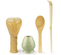 Set di 4 fruste verticali per matcha, frusta in plastica gialla, ciotola verde matcha, paletta lunga e rotonda in bambù, set tradizionale per cerimonia del tè giapponese, perfetto per uso domestico o