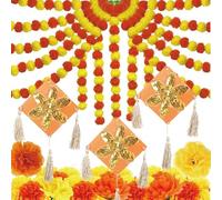 Set di 4 ghirlande artificiali di calendula, lunghezza 200 cm, per Diwali Ganpati Ganesh India, Puja, tradizionali ghirlande di fiori, per porte e torani, per matrimoni indiani, decorazione per