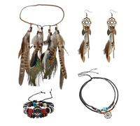 Set di 4 gioielli con testa indiana, costume indiano, da donna, con piume, fascia per capelli, in pelle, stile boho, hippie per donne, carnevale, festival, feste a tema, accessori per cosplay