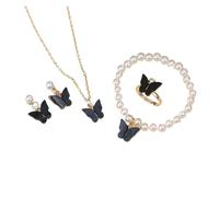 Set di 4 gioielli dolci con ciondolo a forma di farfalla, collana di perle for orecchini da donna, gioielli for ragazza(B-BLACK)