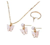 Set di 4 gioielli dolci con ciondolo a forma di farfalla, collana di perle for orecchini da donna, gioielli for ragazza(B-WHITE)