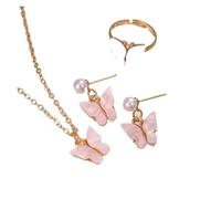 Set di 4 gioielli dolci con ciondolo a forma di farfalla, collana di perle for orecchini da donna, gioielli for ragazza(B-PINK)