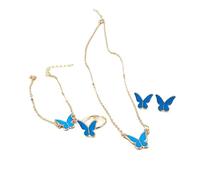 Set di 4 gioielli dolci con ciondolo a forma di farfalla, collana di perle for orecchini da donna, gioielli for ragazza(C-BLUE)