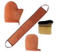 Set di 4 guanti autoabbronzanti, colore marrone, include guanto per pollice, guanto per dita, crema per la schiena e pennello con manico in bambù, applicatore per un'abbronzatura uniforme su tutto il