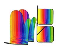 Set di 4 guanti da cucina con stampa a righe arcobaleno e un tappetino resistente al calore, adatto per cuocere e cucinare.