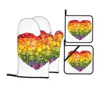 Set di 4 guanti da cucina con stampa arcobaleno di verdure e frutta e un tappetino resistente al calore, adatto per cuocere e cucinare.