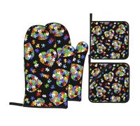 Set di 4 guanti da forno e presine a forma di cuore per sensibilizzazione sull'autismo, resistenti al calore, guanti da forno per cucina, cottura e barbecue