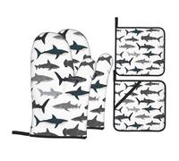 Set di 4 guanti da forno e presine a forma di pesce e squalo, in tessuto resistente al calore, mini guanti da forno e cuscinetti riscaldanti, per grigliare, barbecue, microonde, lavabili in lavatrice