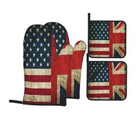 Set di 4 guanti da forno e presine, bandiere a tema America e British Half Stripe Star Red Navy, cuscinetti caldi resistenti con guanti da barbecue antiscivolo in poliestere per cucina, cottura, cottu