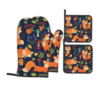 Set di 4 guanti da forno e presine con simpatici animali e fiori di volpe, resistenti al calore, guanti da forno per cucina, cottura e barbecue