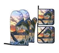 Set di 4 guanti da forno e presine, pesce s ola con gancio dell'oceano all'alba, cuscinetti caldi resistenti con guanti da barbecue antiscivolo in poliestere per cucina, cottura, cottura al forno, g