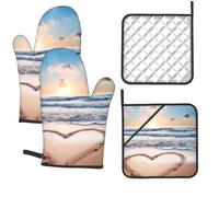 Set di 4 guanti da forno e presine resistenti al calore fino a 260 °C, guanti da forno e cuscinetti caldi, guanti da cucina a forma di cuore, guanti da cucina romantici da spiaggia, presine per